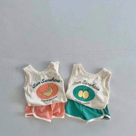 Sommer-Baby-Set mit Fruchtmuster  für Mädchen  Latzhose für Jungen, T-Shirt und Shorts im Freizeitstil