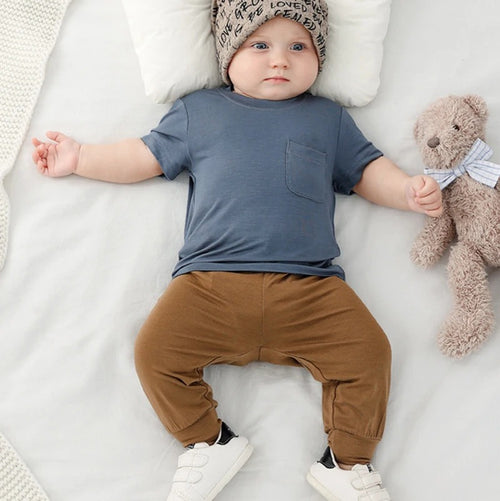 Baby-T-Shirt mit kurzen Ärmeln aus Bambusfasern, Sommerkleidung für Jungen und Mädchen, Babyhosen mit hoher Taille, Kleidung für Neugeborene, Oberbekleidung