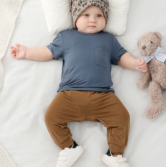 Baby-T-Shirt mit kurzen Ärmeln aus Bambusfasern, Sommerkleidung für Jungen und Mädchen, Babyhosen mit hoher Taille, Kleidung für Neugeborene, Oberbekleidung