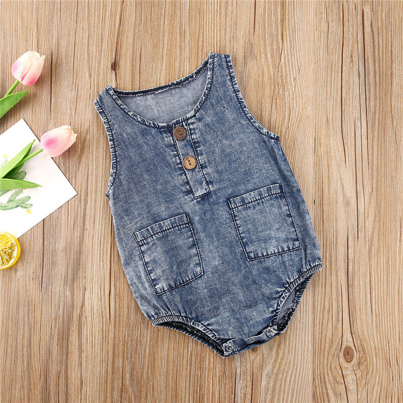 Sommerkleidung für Babys: Jeans-Strampler für Kleinkinder, Neugeborene, Jungen und Mädchen – ärmellose Strampler mit Knöpfen und Taschen, Jumpsuits, Freizeitoutfits